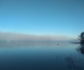 Morgens zieht der Nebel über den See